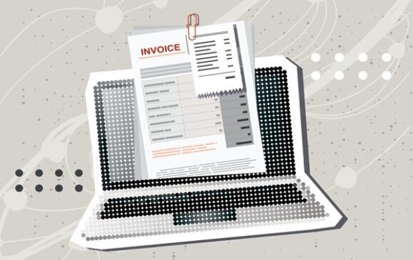 Trendy,Halftone,Collage,Online,Digital,Invoice,On,Screen,Laptop,With Facturation électronique : factures par mail, PDF ou papier interdites ?