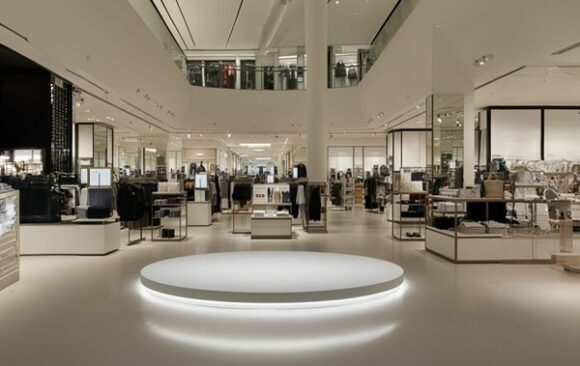 Indoor,Photo,Of,A,Sleek,White,Circular,Platform,Positioned,In Locaux professionnels : un nouveau classement pour certaines grandes surfaces